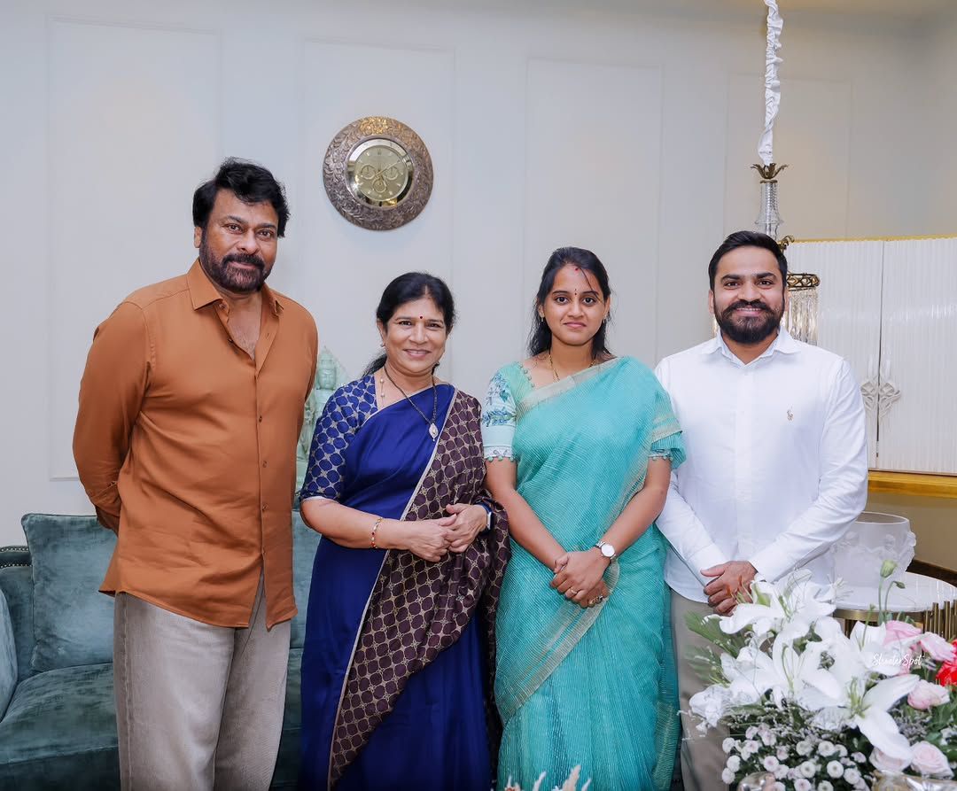 Megastar Chiranjeevi and Smt. Surekha smiling at their home during the evening with Sandeep and Tejaswi